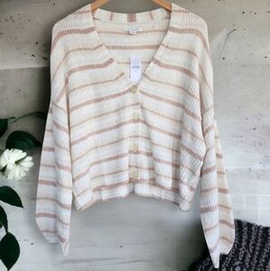 Ae | Balloon Sleeve Neutral Striped Cardigan Sweater Soft Tan White Womens Med M